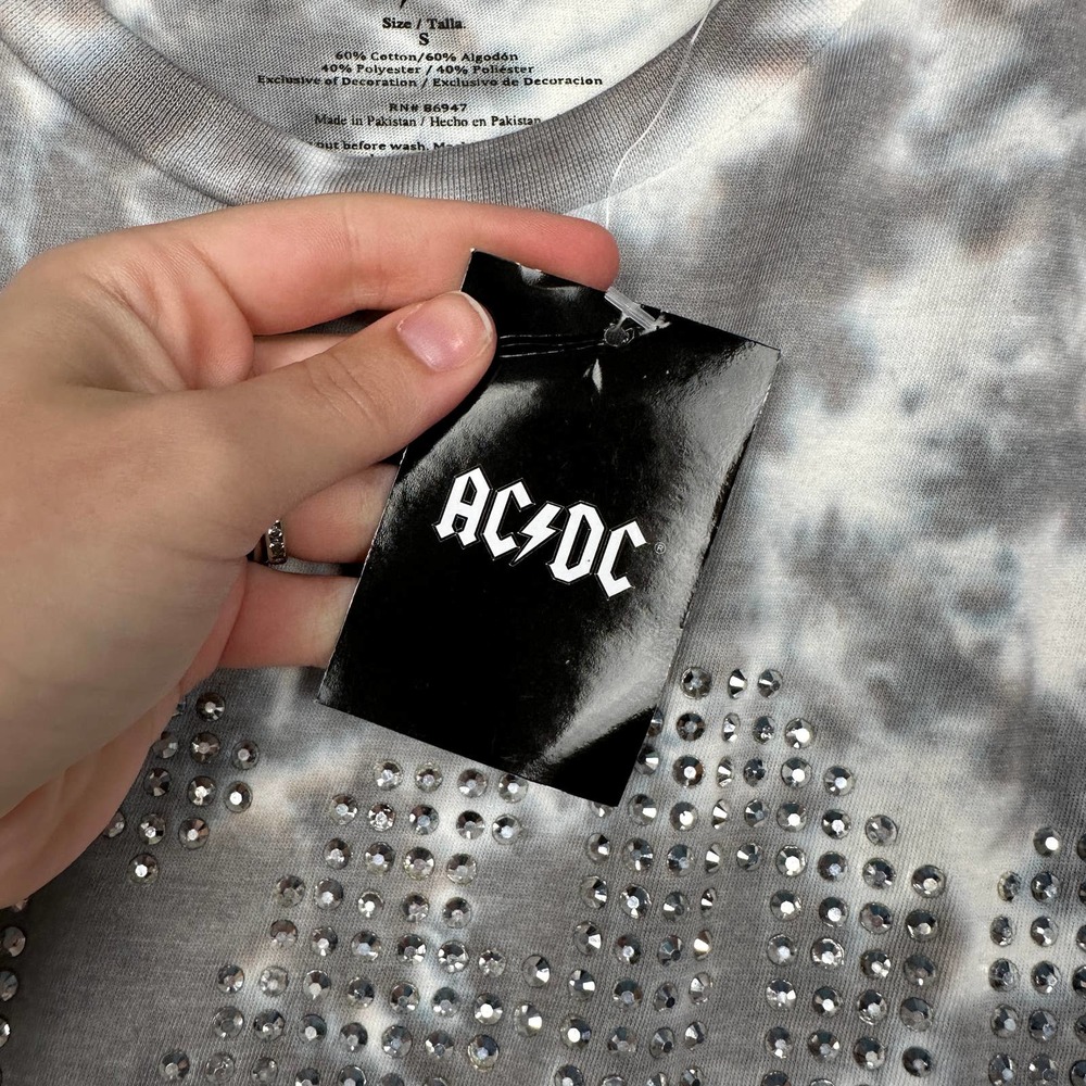 NWT AC/DC Sz S Tie Dye Short Sleeve Jeweled Studded Spellout Concert Tee Shirt - Picture 7 of 10